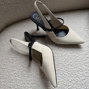 Slingback Pointed-Toe Heels in Cream and Black
